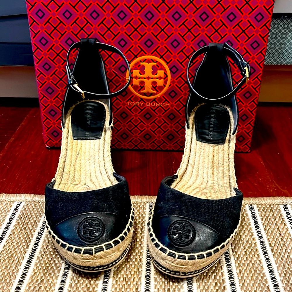Tory Burch Black Espadrille Wedge Sandals